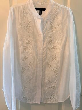 White House Black Market White Embroidered Button-Down Shirt